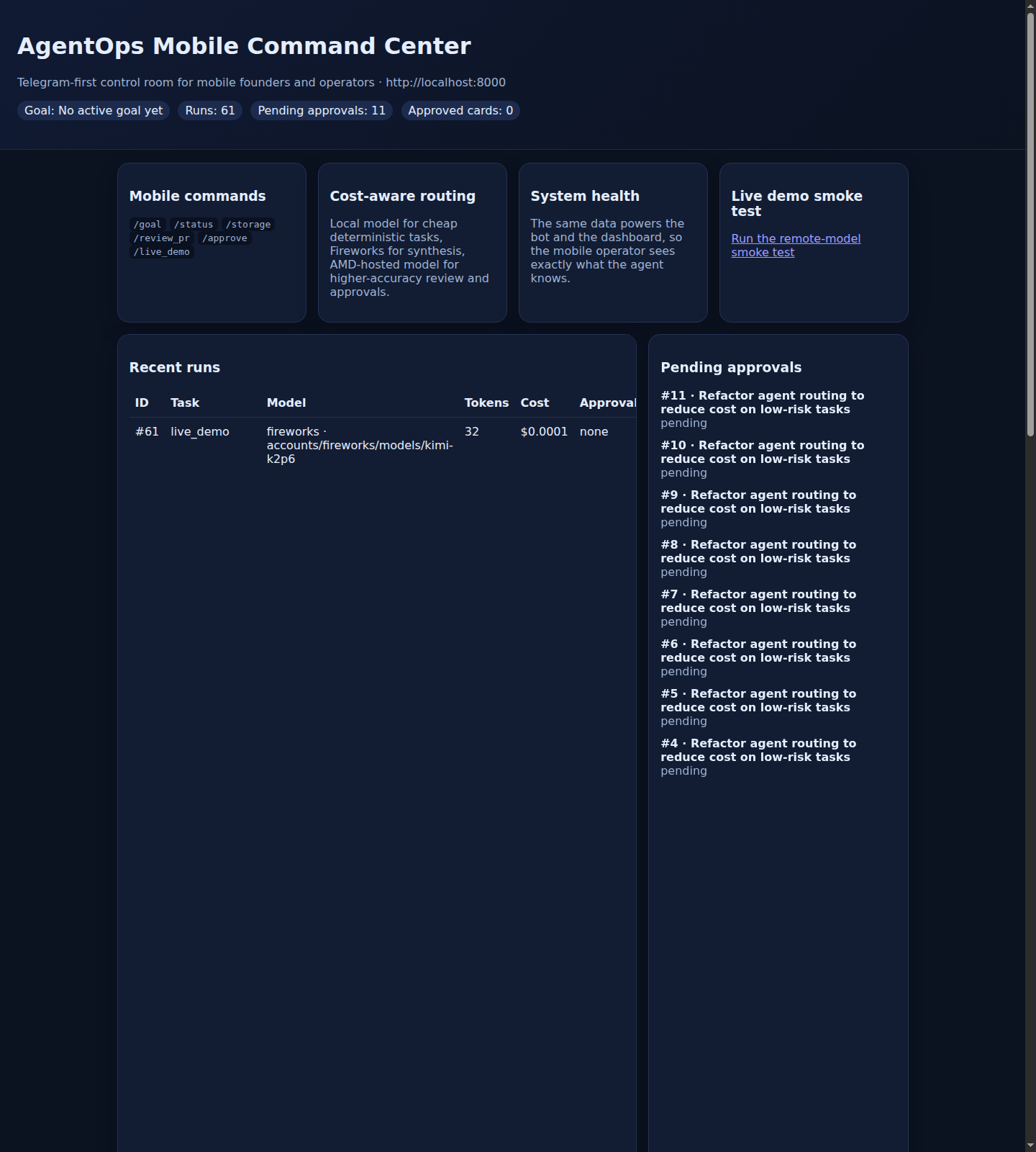 AgentOps command dashboard showing routing, system health and approvals